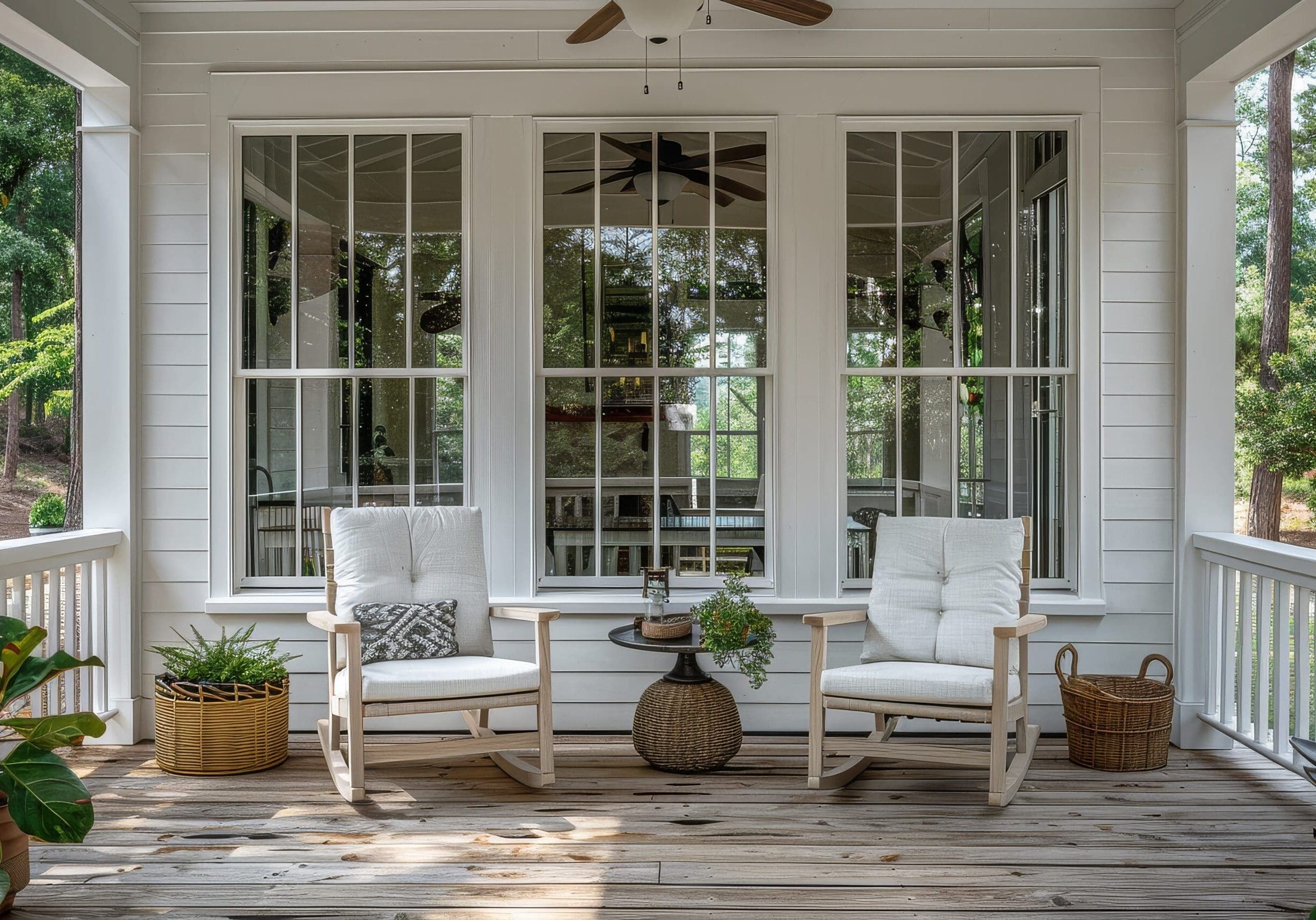 Sunny porch in Gainesville, Georgia, with two cushioned rocking chairs, potted plants, and large grid windows behind.