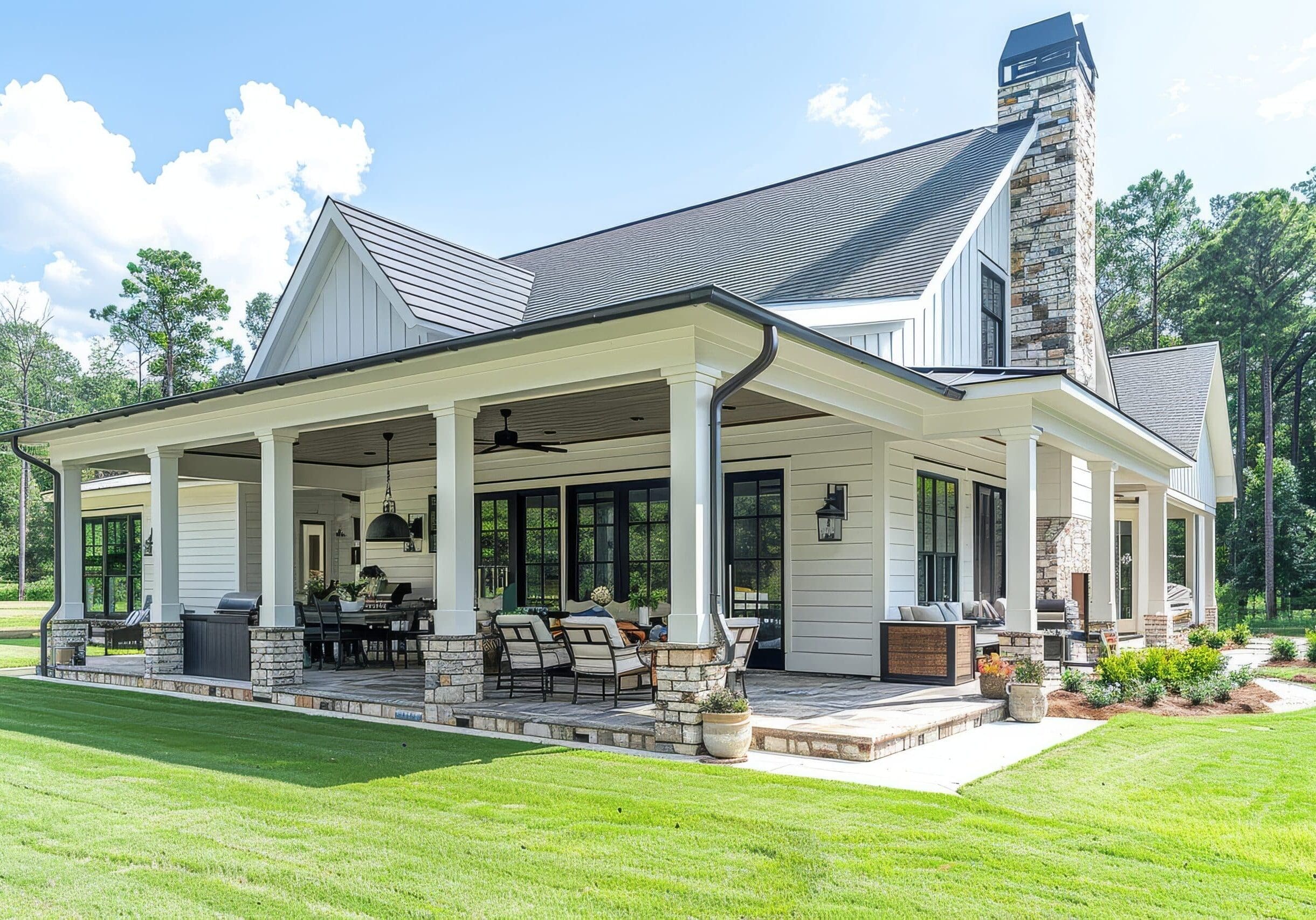 Modern farmhouse in Gainesville, Georgia, with black-trim windows, wraparound porch, stone chimney, and manicured lawn.