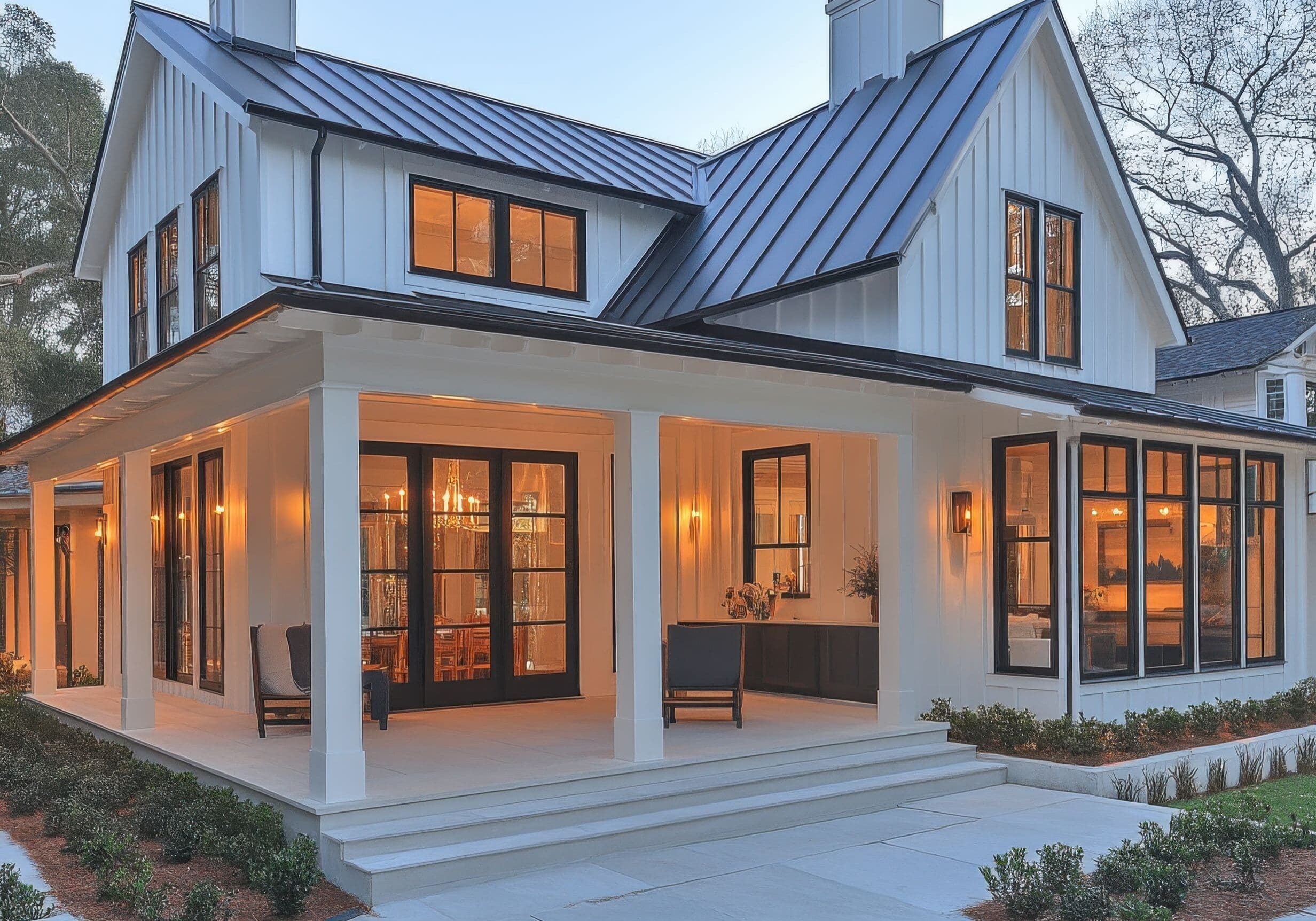 Modern farmhouse in North Fulton, Georgia, with black grid windows, double glass doors, and a wraparound porch at dusk.