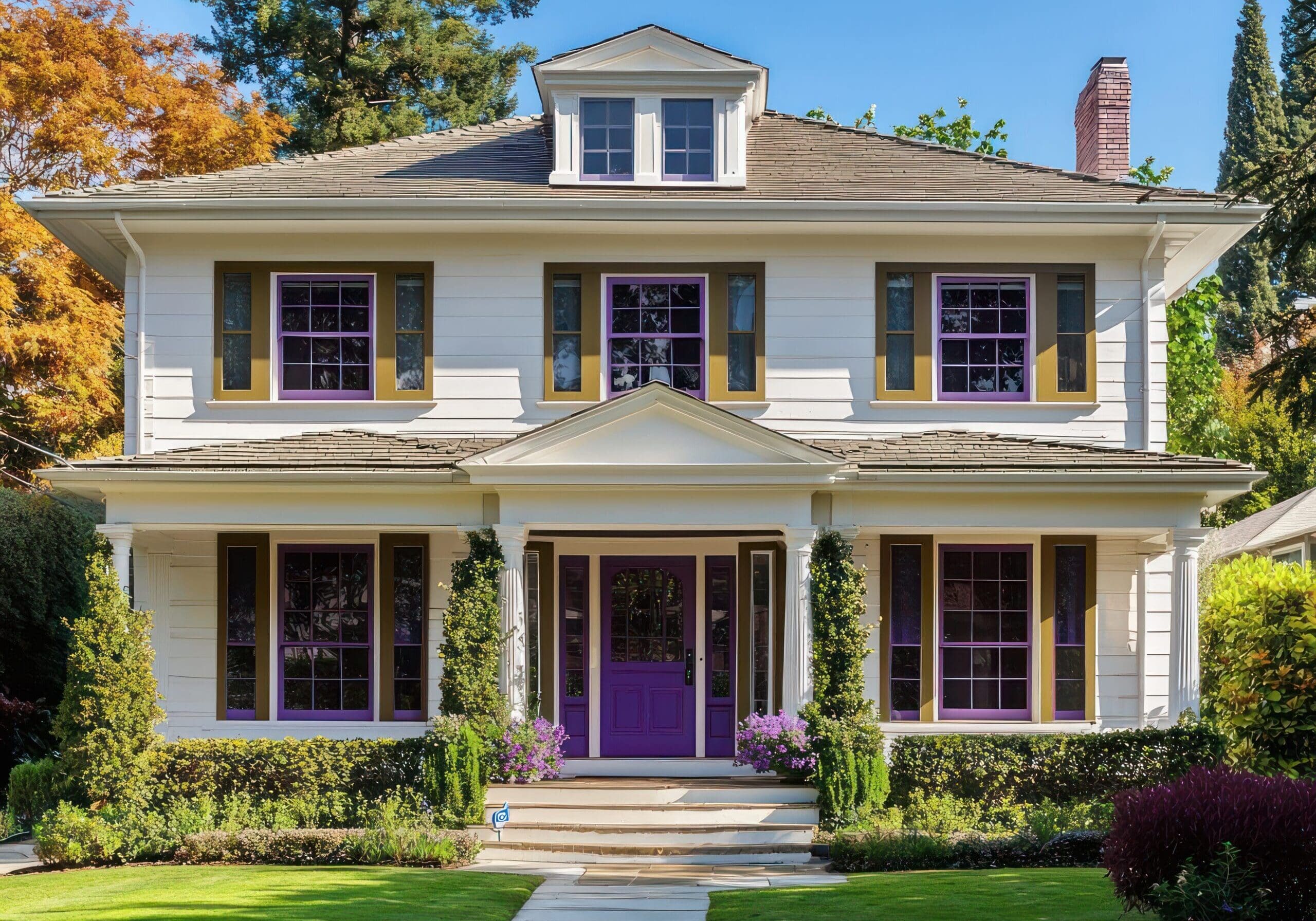 Classic two-story white house in Lawrenceville, Georgia, featuring purple and gold-trimmed windows and a manicured front lawn.