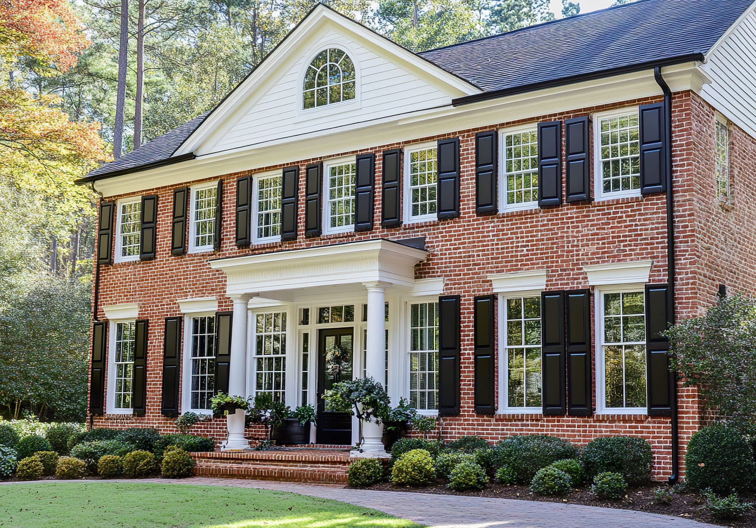 Classic brick colonial home in Suwanee, Georgia, with black shutters, double-hung grid windows, and a black front door.