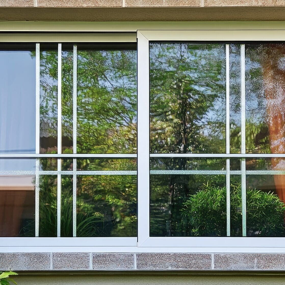 A modern white vinyl sliding window with decorative grids installed in an Atlanta home, offering a clear view of a North Georgia backyard.