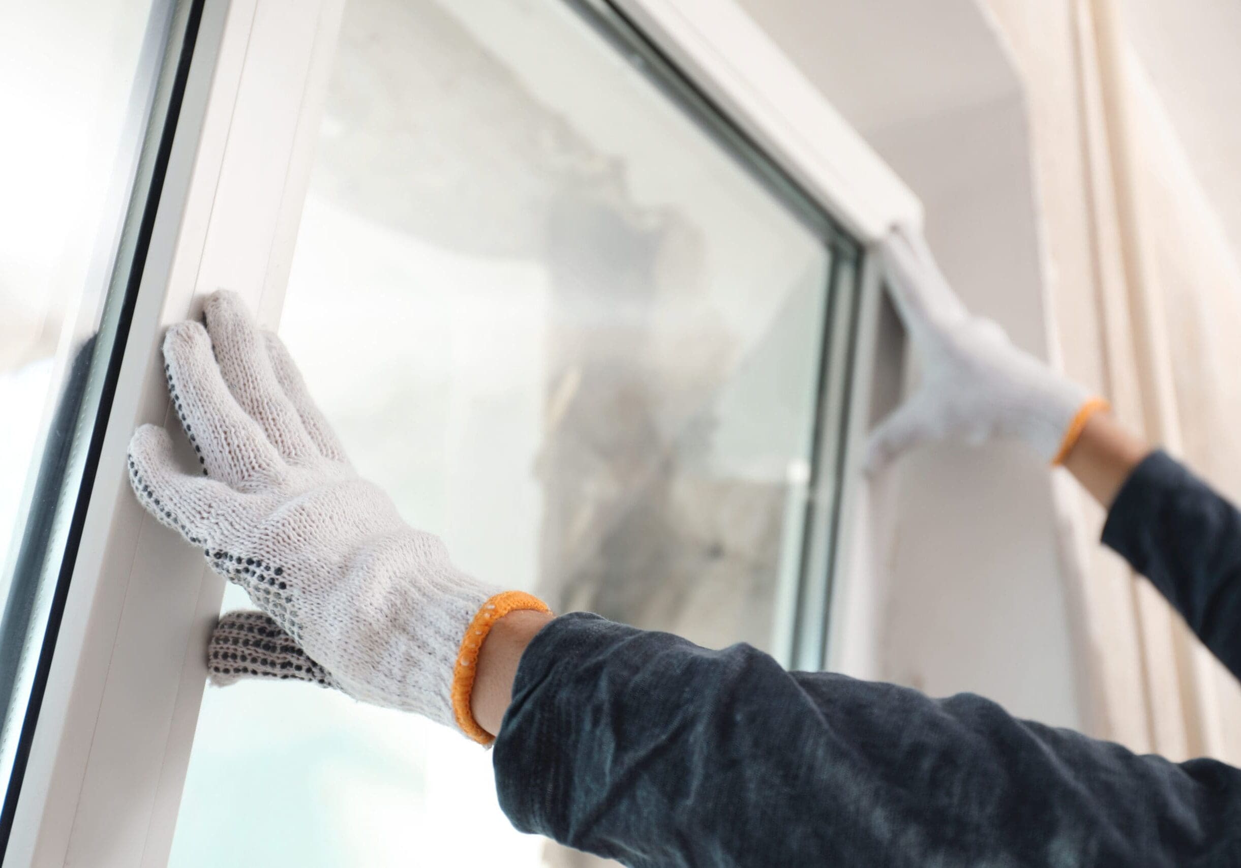Installer with white gloves adjusting a new window frame during a window installation in Suwanee, Georgia, home.