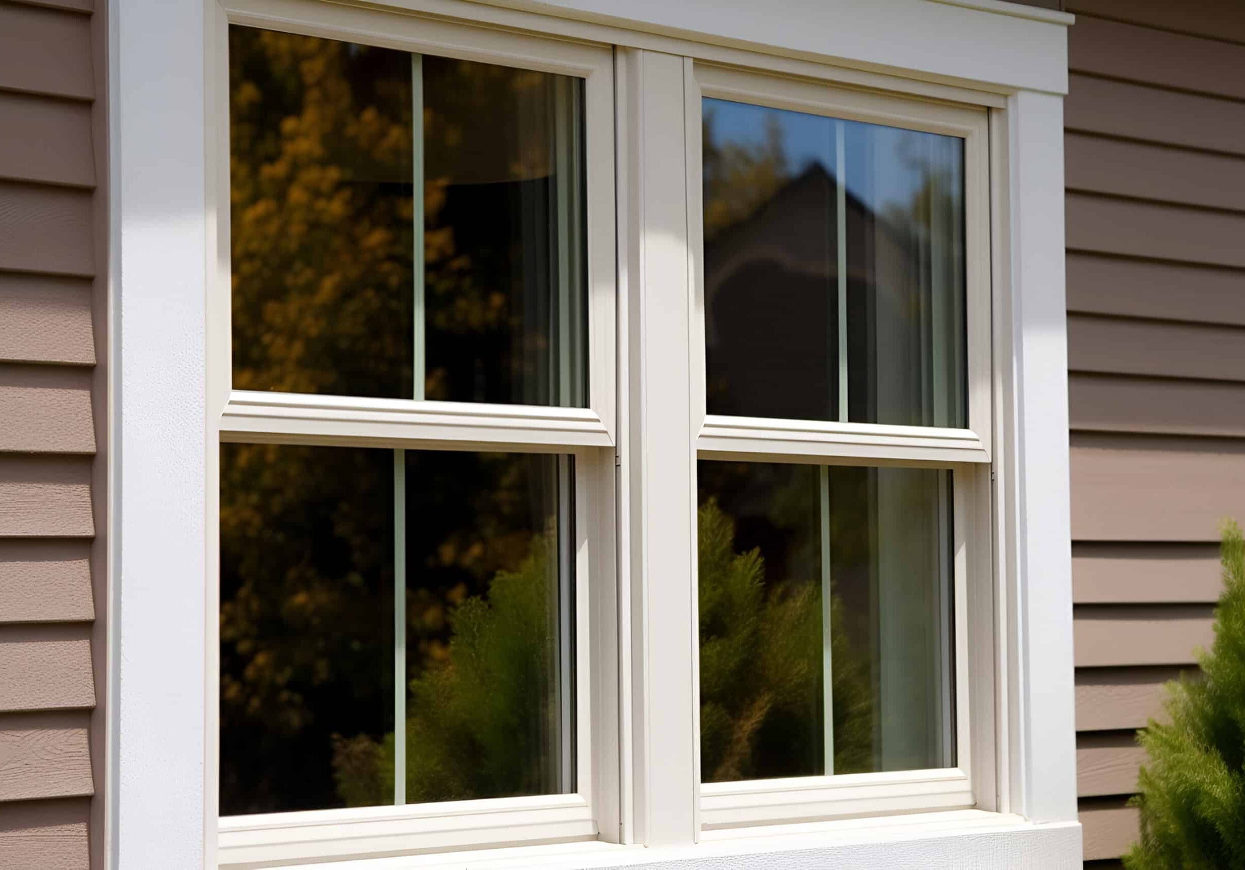 Close-up of double-hung windows with white trim on taupe siding in Druid Hills, Georgia, reflecting trees outside.