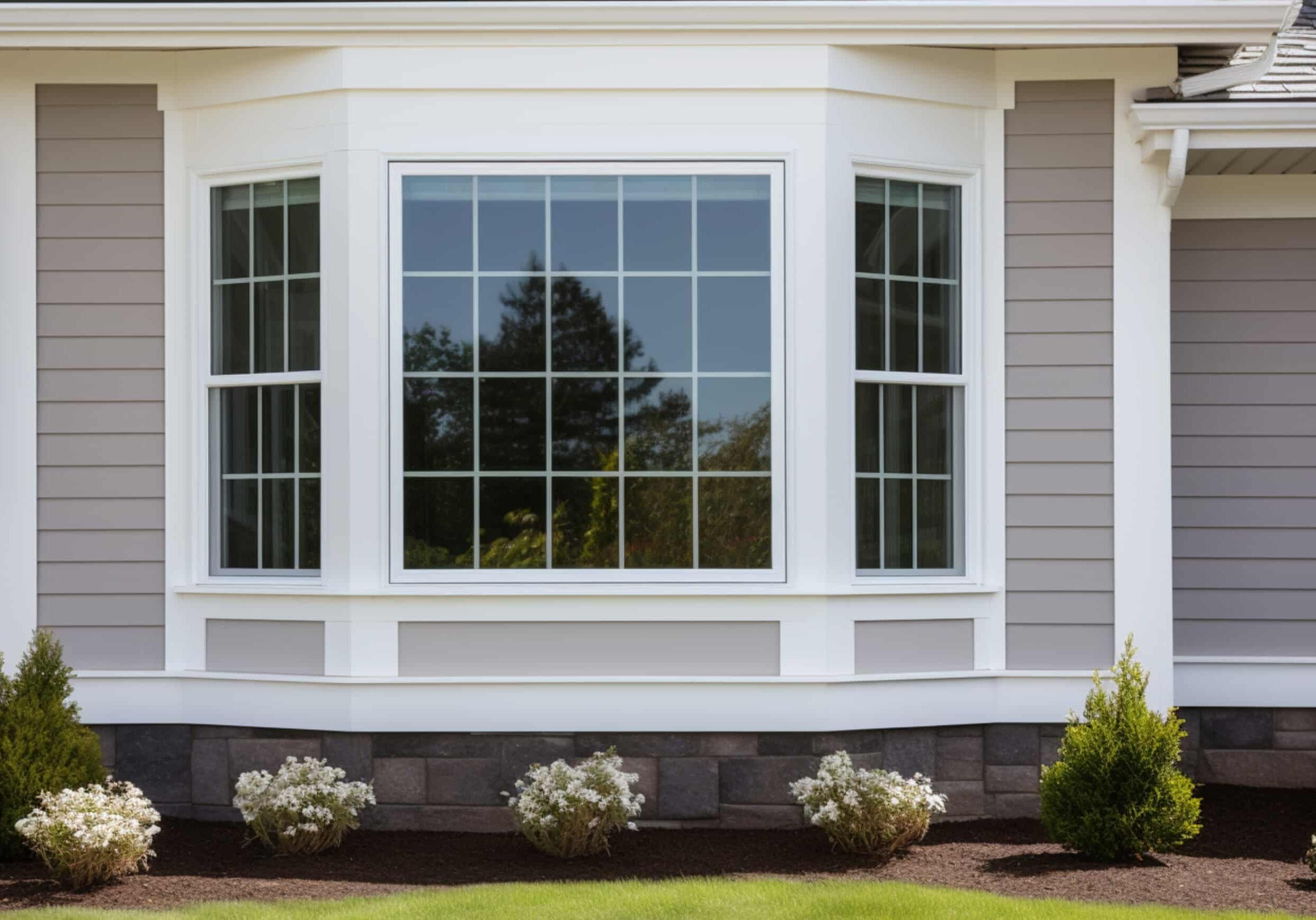 Bay window with white trim and grid panes on gray siding home in Druid Hills, Georgia, with manicured shrubs below.
