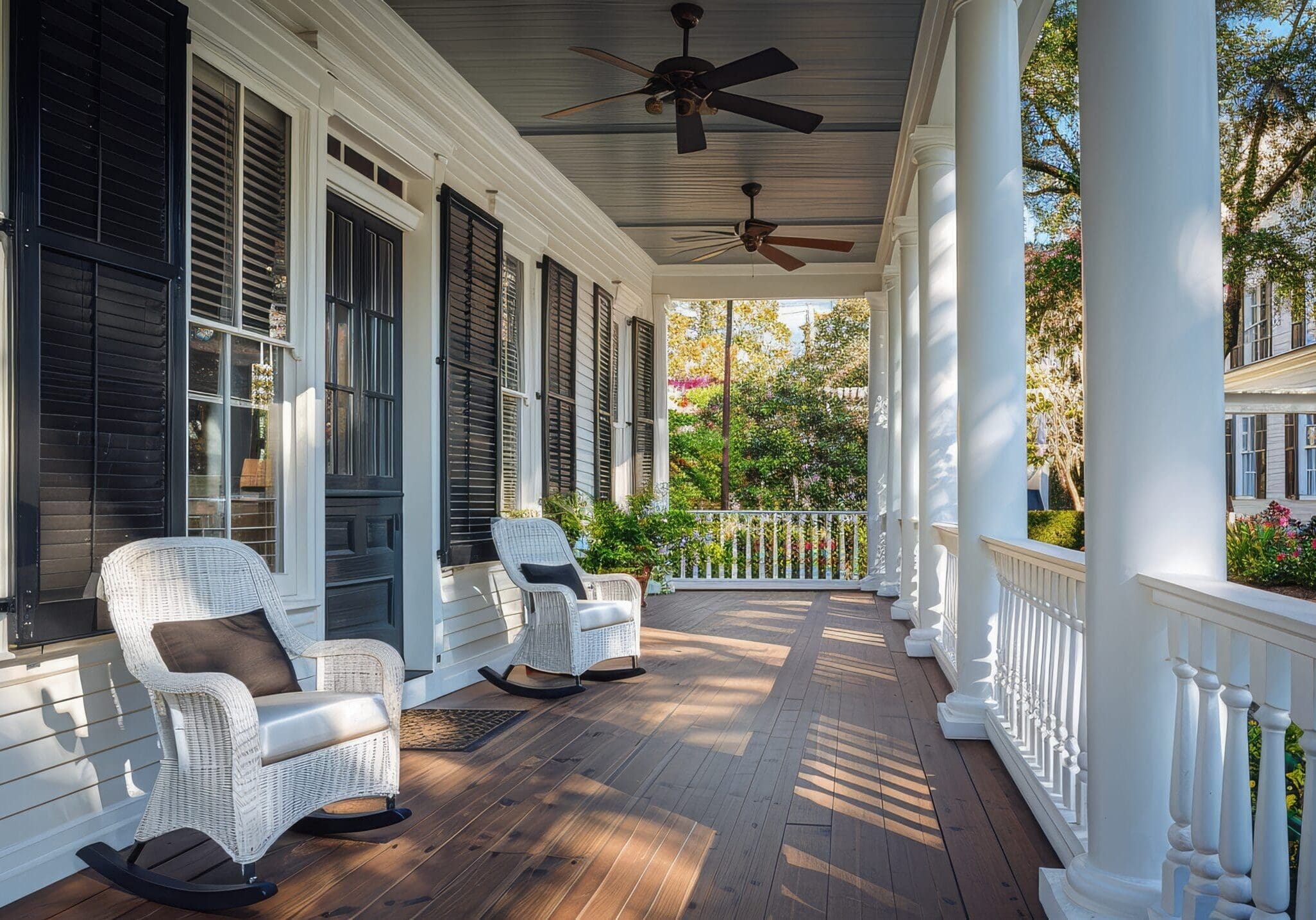 Classic Southern porch with white columns, wicker rocking chairs, and tall windows with black shutters in Flowery Branch, Georgia.